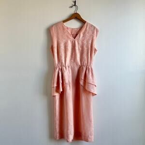 Vintage 80s Romantic Rose Pink Jacquard Satin Peplum Dress | Floral Sheath | M